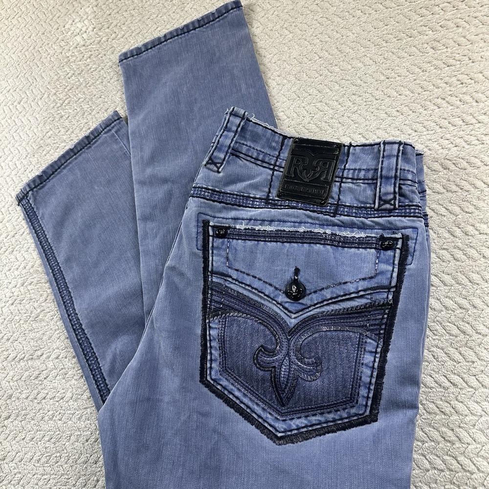 Rock Revival Sycamore Biker Jeans Mens 40x34 Blue Light Wash Skinny Denim Pants - Picture 12 of 16